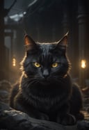 Themed in black and gold, a cat, furry black, ferocious with steel eyes, sitting looking forward, fantasy, in a mysterious land, perfect composition and lighting, dramatic, main light reflected in the eyes, vivid color palette, very detailed by Greg Rutkowski <lora:fix_hands:1> <lora:add-detail-xl:0.8>