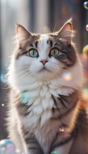 Fluffy cute cat surrounded by white foam, around many large soap bubbles shimmering with rainbow colors, festive atmosphere, harmony of light and shadows, detail, cinematic lighting, blurred background with colored bokeh lights, high quality, 16k
