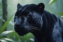 cinematic close-up photo of panther in a lush misty jungle. 135mm IMAX filmstill, film, DOF, professional, 8k, highly detailed aesthetically pleasing color scheme, editorial