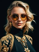 (full body), ((extremely detailed eyes and face)), by lee jeffries nikon d850 film stock photograph 4 kodak portra 400 camera f1.6 lens rich colours hyperrealistic lifelike texture dramatic lighting unrealengine trending on artstation cinestill 800 tungsten, beautiful smiling woman, Haute_Couture, blonde Nadia with sunglasses and a choker, in a turtleneck_style black dress posing for a picture, golden embroidery, jewellery, wearing Haute_Couture 