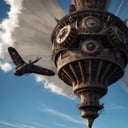 A photo of a steampunk-inspired airship soaring through the sky, propelled by a magnificent array of gears and turbines.