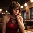 A close-up photo of a young,  nerdy woman sitting in a caf,   surrounded by a cozy atmosphere,  looking at the viewer. short hair,  slender,  red lips,  transparent fabric,  flirting with the camera