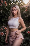 (best quality, realistic:1.2), ultra-detailed, professional, vivid colors, portrait, beautiful detailed eyes, beautiful detailed lips, long eyelashes, flowing white hair, seductive pose, purple glowing eyes, fashionable crop top, flowing skirt, soft parted lips, natural blush, night scene, blooming flowers, warm sunlight, Sexy Pose
