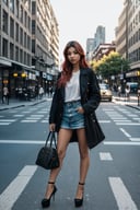 (best quality, photo-realistic:1.37), street fashion, vibrant colors, urban setting, dynamic lighting, stylish outfit, confident expression, fashionable accessories, bustling cityscape, busy pedestrians, modern architecture, Sexy Pose, Styles Pose