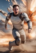 Elon Musk, rocket, spaceport in the background, explosions, action shot,   8k, F2.8, RAW Photo, ultra detailed, soft lighting, real life