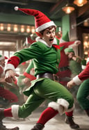 a realistic christmas elf wearing green clothes in a bar fight, wearing a red christmas cap