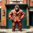 masterpiece, best quality, gorilla wearing tmts coat, outdoor, UK residential street <lora:tmts:0.9>