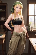 masterpiece, best quality, <lora:winry-nvwls-v1-000008:0.9> winry rockbell, earrings, green bandana, black tube top, strapless, midriff, clothes around waist, beige pants, brown gloves, cowboy shot, arms at sides, workshop, looking at viewer, furrowed brow, smile