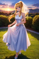 masterpiece, best quality, <lora:winry-nvwls-v1-000008:0.8> winry rockbell, earrings, ponytail, bridal veil, wedding dress, garden, grin, sunset