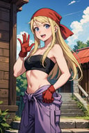 masterpiece, best quality, <lora:winry-nvwls-v1-000008:0.8> winry rockbell, earrings, red bandana, black tube top, strapless, midriff, clothes around waist, purple pants, brown gloves, waving, looking at viewer, :D, outdoors, stairs, blue sky, clouds