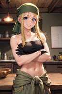 masterpiece, best quality, <lora:winry-nvwls-v1-000008:0.9> winry rockbell, earrings, green bandana, black tube top, strapless, midriff, clothes around waist, beige pants, brown gloves, upper body, smile, workshop, grin, looking at viewer, crossed arms