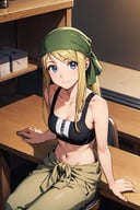 masterpiece, best quality, <lora:winry-nvwls-v1-000008:0.8> winry rockbell, earrings, green bandana, black and white striped sports bra, zipper, clothes around waist, beige pants, looking at viewer, sitting, from above, smile, chair, workshop