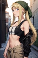 masterpiece, best quality, <lora:winry-nvwls-v1-000008:0.8> winry rockbell, earrings, green bandana, black and white striped sports bra, zipper, clothes around waist, beige pants, looking at viewer, black jacket, profile, street, alleyway, looking at viewer