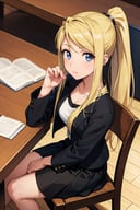 masterpiece, best quality, <lora:winry-nvwls-v1-000008:0.8> winry rockbell, earrings, ponytail, black jacket, white shirt, black skirt, sitting, from above, table, chair, indoors, looking at viewer