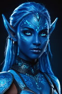 blue humanoid avatar with bioluminescent avatar markings dots and patterns on their skin. Pointed elf ears. avatar like hair, hair colour black, sparkling glowing blue eyes, slightly shimmery iridescent blue skin. female, warrior like, magical and mystical, detailed and realistic. Only blue skin tone. Only blue coloured skin. Skin colour all blue.