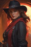 (Create an extraordinary 3D rendering) of a ((female gunslinger)) donned in a captivating mix of ((red and black cowboy outfit)) with a matching hat. The gunslinger should be captured in a ((mid-body portrait)) walking the dusty roads of ((Dodge City)). Utilize a ((dim volumetric lighting)) to add cinematic ambiance, emphasizing the ((intricate details)) of the outfit. Render in ((8K Octane)), showcasing the epic composition inspired by the styles of ((Artgerm)), ((Greg Rutkowski)), and ((Alphonse Mucha)). Apply post-processing techniques for an oil-paint effect, creating a ((stunning masterpiece)) with extremely ((hyper-detailed)) features. Ensure the final image is perfect for trending on ((ArtStation))