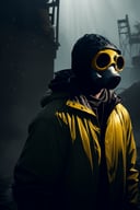 Close-up of Liquidator with Gas Mask and yellow Rain coat in Tschernobyl +cinematic lighting,  volumetric rays,  moody,  wet,  dripping water,  DARK,  spooky,  evil
