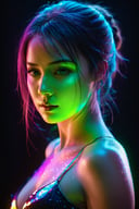 silhouette of a woman, phantasmagorical figure, translucent skin, translucent body, portrait, neon lights, light particles, colorful, cmyk colors, backlit, best quality, 4k, 8k, highres, masterpiece:1.2, ultra-detailed, realistic, photo-realistic:1.37, HDR, UHD, studio lighting, ultra-fine painting, sharp focus, physically-based rendering, extreme detail description, professional, vivid colors, bokeh, portraits, landscape, horror, anime, sci-fi, photography, concept artists, vibrant color palette, soft and warm lighting