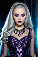 (best quality, photorealistic, high fashion, high detailed, high light), (glossy magazine photo:1.2), (young British woman:1.3), (posing for magazine:1.2), (gothic style:1.3), (long silver hair:1.2), (tulle-lace purple dress:1.3), (decorated with black diamonds:1.3), (full lips:1.2), (big ocean blue eyes:1.3), (metallic gothic makeup:1.3), (bright studio lights:1.3).