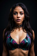 Psychedelic style A RAW photograph of a beautiful, African woman, full body portrait, thin, long wavy hair, colorful latex bra and choker, (long black eyelashes), dark background. Vivid color and contrast. . Vibrant colors, swirling patterns, abstract forms, surreal, trippy