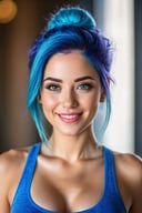 woman,smiling,blue hair,gym clothes,(best quality,highres:1.2),(vivid colors,colorful:1.1),(bokeh), (portraits),(studio lighting),(ultra-fine painting),(sharp focus),(extremely detailed eyes and face), (detailed lips),(beautiful detailed eyes),(long eyelashes)