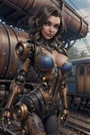 beautiful steampunk cyborg woman, train engine closeup background