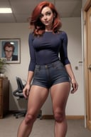 beautiful red head, 30 years old, head to thigh shot, standing, legs apart