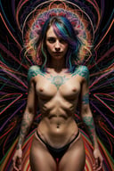 psychedelic style abstract beauty,emo girl,hard tattooed,nose piercing,red and black strands, centered, looking at the camera, approaching perfection, dynamic, twilight, highly detailed, digital painting, artstation, concept art, smooth, sharp focus, illustration, art by Carne Griffiths . vibrant colors, swirling patterns, abstract forms, surreal, trippy