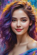 An enchanting 8K oil painting masterpiece, (A vibrant and youthful woman, 18 years old, her hair artfully tousled:1.3), Exquisitely portraying her perfect face with soft, cute smile, flawless skin, adorned with a delightful blend of blue, yellow, light purple, and violet hues, accentuated with hints of light red, (An intricate celebration of beauty:1.3), Every detail meticulously crafted in a mesmerizing display of colors, resembling a stunning splash screen, (An 8K resolution masterpiece that captivates the eye:1.3), A cute face brought to life in the realm of art, destined to grace ArtStation's digital painting hall of fame, (A smooth and artistic portrayal that defies convention:1.3)