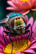(macro photography:1.2), (cinematic and dynamic:1.3), Step into the miniature world with a super close-up macro shot of a fly resting on a colorful flower. The high contrast and cinematic lighting accentuate the photo-realistic details, while the super vibrant colors against a cinematic background create a visually engaging scene, perfect for a short cinematic adventure that magnifies the beauty of nature.