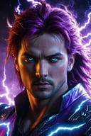(high quality, UHD, Luminous Studio graphics engine:1.2), lightning strikes, fiery members, thunder god, vivid violet and cyan colors, portrait, stunning eyes, detailed facial expressions, powerful presence, dramatic lighting, realistic and captivating atmosphere, epic energy, mystical aura, intense emotion, dynamic pose, vibrant background, cloudy haze, octane render, cinematic composition, masterful brushstrokes