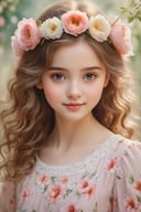 (highres,masterpiece:1.2),realistic portrait,girl with big round eyes,tiny nose and rosy lips,adorable facial expression,pale complexion,long eyelashes and thick eyebrows,soft curly hair,flowy dress with floral patterns,playful and innocent smile,beautiful natural light,soft pastel colors,vibrant background of blooming flowers,sweet and warm atmosphere,close-up shot to capture all the intricate details,happy and carefree mood,perfect balance between innocence and maturity,artistic oil painting style,delicate brushstrokes,impeccable attention to detail,emotive and lifelike portrayal,classic and timeless aesthetic.