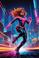 (comic-inspired:1.3), (Vibrant and dynamic:1.2), A captivating comic character, bursting with energy and ready for action, pops against a vivid cityscape backdrop filled with neon lights. Dynamic motion lines emphasize the character's swift movements, creating an electrifying atmosphere. The bold, saturated colors infuse a sense of excitement into this visually stimulating and lively composition.