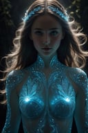 (best quality, 8K, highres, masterpiece), ultra-detailed, (photo-realistic, lifelike) portrayal of a semi-ghost female with ethereal beauty. Her arms are a mesmerizing spectacle, composed of intricate bioluminescent patterns that radiate a soft, (otherworldly, celestial) glow. The cinematic rendering captures every nuance of her spectral presence, making this image a true high-resolution masterpiece that blends the lines between the living and the supernatural.