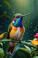 (best quality, 8K, UHD, highres, masterpiece),  ultra-detailed,  (photorealistic,  hyperrealist life,  realistic),  cosmic canvas with a breathtaking cosmic garden background. Picture a vibrant and wet scene with raindrops and water droplets creating a magical atmosphere. The artwork features a colorful,  glowing,  and glittering shiny hummingbird,  illuminated by cinematic lighting and enhanced by dramatic lighting effects. The rainbow colors add richness,  while selective focus ensures extremely intricate details are highlighted. This RAW photo,  trending on ArtStation,  showcases a hyper-realistic masterpiece with amazing fine detail,  making it a standout in the art community. The use of Unreal Engine ensures a top-tier quality and realism that is sure to captivate viewers.,<lora:EMS-256928-EMS:0.800000>
