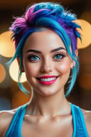 oman, smiling, blue hair, gym clothes, (best quality, highres:1.2), (vivid colors, colorful:1.1), (bokeh), (portraits), (studio lighting), (ultra-fine painting), (sharp focus), (extremely detailed eyes and face), (detailed lips), (beautiful detailed eyes), (long eyelashes)