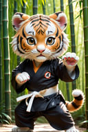 (best quality, 4k, 8k, highres, masterpiece:1.2), ultra-detailed, realistic:1.37, 3d, cartoon, tiger cub dressed in black karate kimono, Character Design, Adorable Characters, Mascot Characters, playful, energetic, expressive, curious, round eyes, sportive, tiger stripes, paws, fluffy fur, sharp claws, karate pose, karate belt, black kimono, white belt, action-packed, bold colors, contrasting colors, playful expression, fierce, funny, tail swishing, forest background, greenery, vibrant setting, sunlight filtering through trees, bamboo leaves, friendly demeanor, warm lighting, attention to detail, adorable face, tiny ears, snout, nose, clenched fists, eager to learn, positive energy,<lora:EMS-256928-EMS:0.800000>