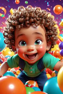 (baby boy),3D,adorable,bright colors,cute eyes,cartoon style,cheerful,playful,smiling,curly hair,colorful background,lively scene,expressive face,funny pose,joyful atmosphere,happy,bubbly,popart,whimsical,colored lights,bouncing energy,dynamic movements,surrounded by toys,magical environment,motion blur,high quality animation,artistic details.