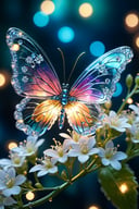 close up, crystal butterfly, on flower, lots of fairy lights, intricate details, texture, depth, vitality, movement, dynamics, energy, vitality, glowing lighting, soft lighting, fantastic, epic scene, super detailed, 8K., Miki Asai Macro photography, close-up, hyper detailed, trending on artstation, sharp focus, studio photo, intricate details, highly detailed, by greg rutkowski, AuroraStyle, style-hamunaptra, OverallDetail, oil pastel, transparent, translucent