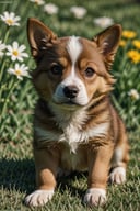(best quality, 4k, 8k, highres, masterpiece:1.2), ultra-detailed, (realistic, photorealistic, photo-realistic:1.37), dog, pet, adorable, cute, lively, friendly, playful, doggy eyes, fluffy fur, happy expression, small size, curled tail, pointy ears, puppy, paws, snout, puppy breath, chubby cheeks, wagging tail, soft nose, puppy love, warm-hearted, loyal companion, joyful, fun-loving, running in the meadow, grass, beautiful sunny day, family pet, symbol of happiness, portrait style, vivid colors, shades of brown, bokeh lighting.
