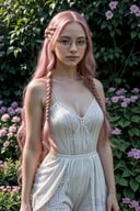 (ultra-detailed,highres,masterpiece:1.2), realistic, HDR, woman,freckles,glasses,long pink hair braided,beautiful detailed eyes, beautiful detailed lips,expression of confidence and intelligence, stylish attire, standing in a vibrant garden with blooming flowers, warm sunlight casting soft shadows,serene atmosphere,magical pink hue,subtle lens flare