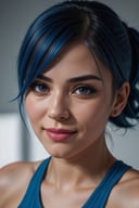 woman, smiling, blue hair, gym clothes, (best quality, highres:1.2), (vivid colors, colorful:1.1), (bokeh), (portraits), (studio lighting), (ultra-fine painting), (sharp focus), (extremely detailed eyes and face), (detailed lips), (beautiful detailed eyes), (long eyelashes)
