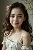 (highres, masterpiece:1.2), realistic portrait, girl with big round eyes, tiny nose and rosy lips, adorable facial expression, pale complexion, long eyelashes and thick eyebrows, soft curly hair, flowy dress with floral patterns, playful and innocent smile, beautiful natural light, soft pastel colors, vibrant background of blooming flowers, sweet and warm atmosphere, close-up shot to capture all the intricate details, happy and carefree mood, perfect balance between innocence and maturity, artistic oil painting style, delicate brushstrokes, impeccable attention to detail, emotive and lifelike portrayal, classic and timeless aesthetic
