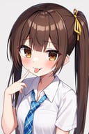 (masterpiece),(best quality), 

1girl, solo, long hair, looking at viewer, blush, brown hair, shirt, ribbon, brown eyes, school uniform, hair ribbon, white shirt, upper body, short sleeves, necktie, tongue, collared shirt, tongue out, side ponytail, plaid, :p, blue necktie, plaid necktie, akanbe