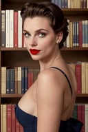 ((upper body portrait)),Photography by Garry Winogrand, a beautiful busty young black woman Wearing Navy Blue Berets,Sporting Victory Rolls Hairdo,Inside a 1950s Public Library: Packed bookshelves,  librarian, highly detailed face,red lipstick, (simple background,dark background):1.2, 1960s style,retro,vintage,old photo style,vibrant colors,, epiCRealism,