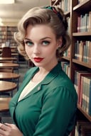 ((upper body portrait)),Photography by Garry Winogrand, a beautiful busty young woman Wearing 1960's clothing,Sporting Victory Rolls Hairdo,Inside a 1950s Public Library: Packed bookshelves, green-topped tables, librarian, pale skin,highly detailed face,red lipstick, (simple background,dark background):1.2, 1960s style,retro,vintage,old photo style,vibrant colors,