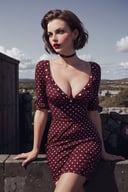 photography by Don McCullin, a breautiful black female, cleavage, red polka dot dress, red lipstick, brown hair