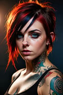 abstract beauty,emo girl,hard tattooed,nose piercing,red and black strands, centered, looking at the camera, approaching perfection, dynamic, twilight, highly detailed, digital painting, artstation, concept art, smooth, sharp focus, illustration, art by Carne Griffiths . vibrant colors, swirling patterns, abstract forms