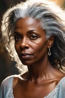 mysterious beautiful mature black woman, long flowing grey hair, dynamic backlighting, extremely detailed, ultra-realistic, 10k high resolution, in the style of digital art, acrylics, pastels, (Baroque:0.4), Romanticism, Realism,
