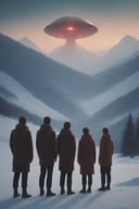 a group of aliens like people standing between dimensions, bokeh, depth of field, oversaturated, On Snowy mountaintop, cottagecore, Romance, powerful, styles of Les Edwardsand Roccoco, angular manager, cyberdelic, soviet poster, moody lighting